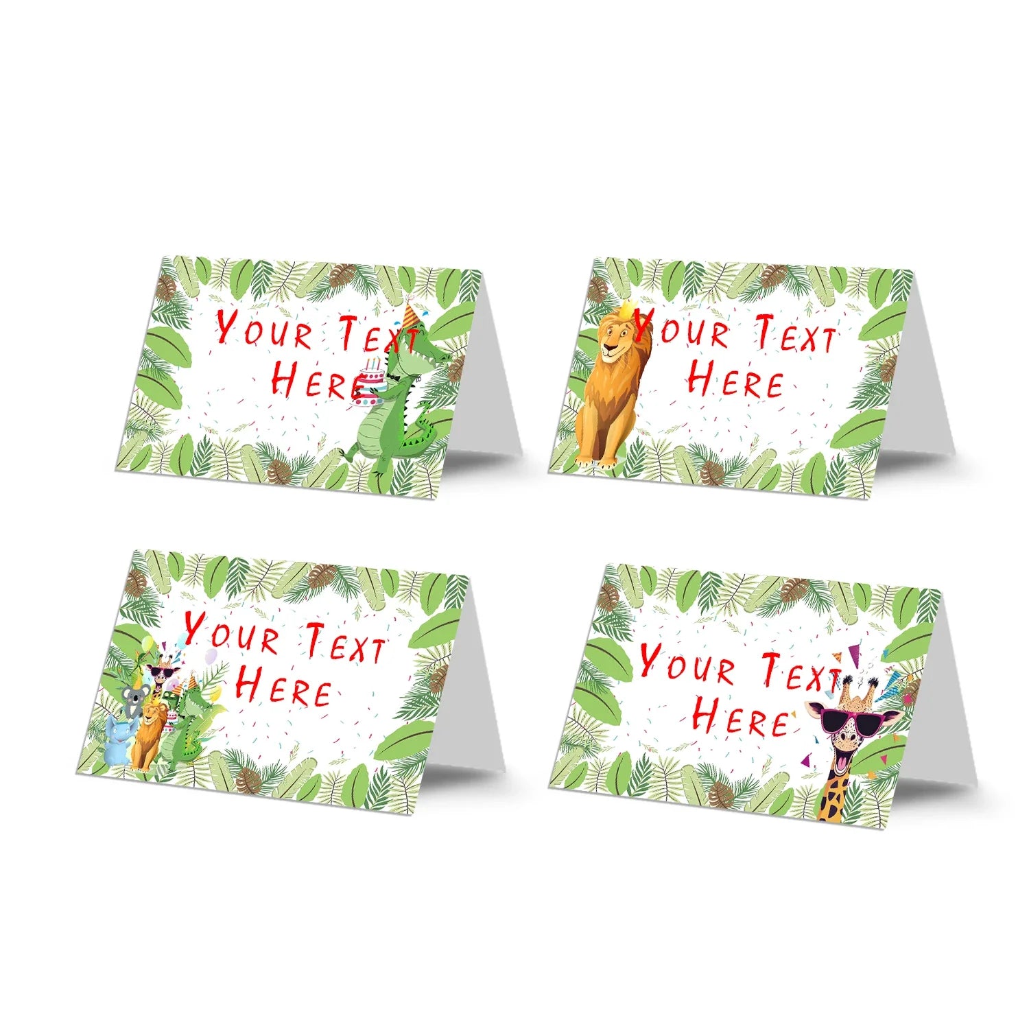 Zoo party food cards featuring safari animal borders and  space for custom labeling on white background