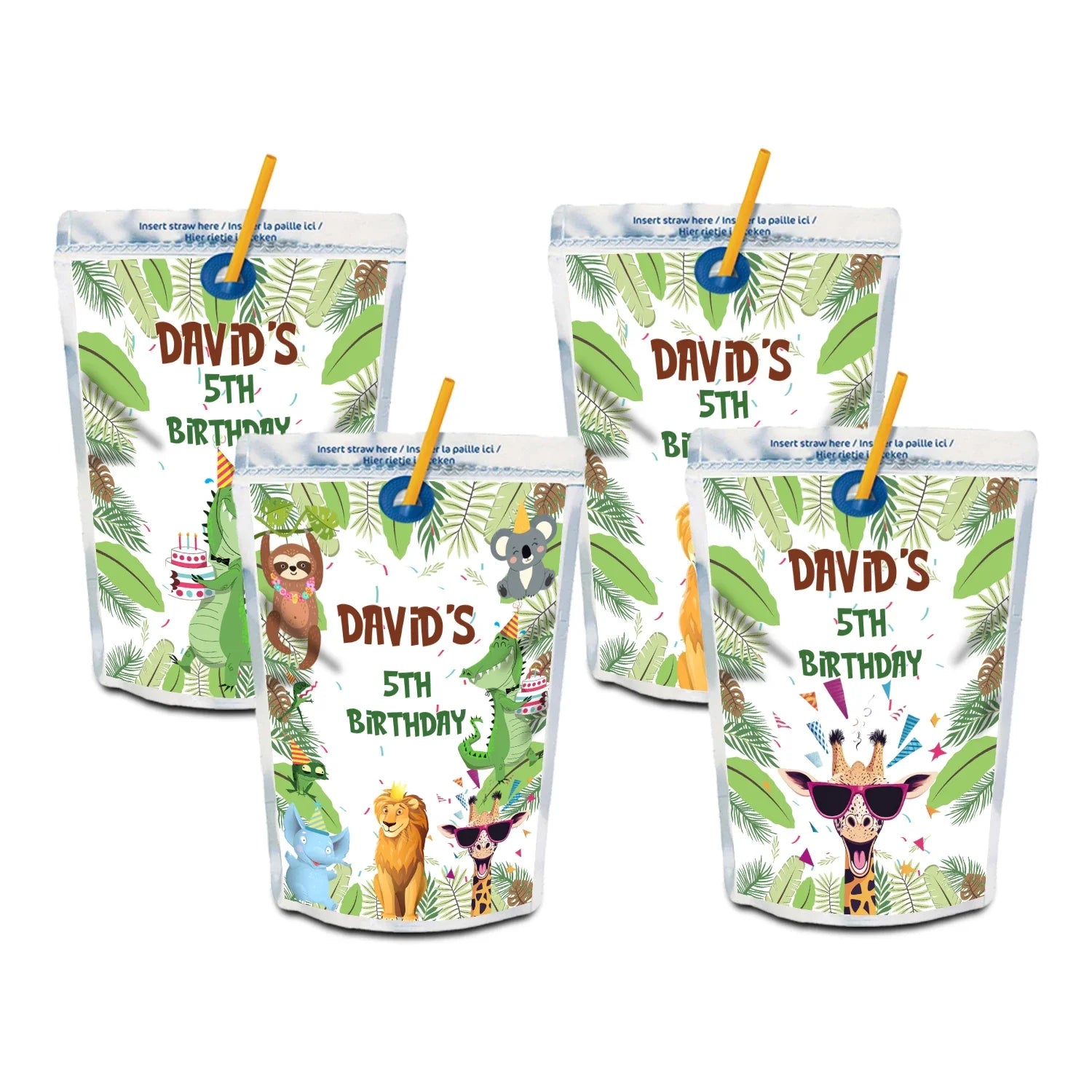 Zoo party juice pouch label with colorful zoo animal graphics and personalized birthday name on white background