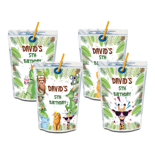 Zoo party juice pouch label with colorful zoo animal graphics and personalized birthday name on white background