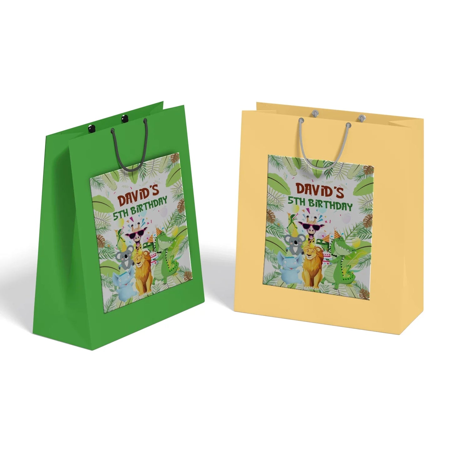 Zoo party goodie bag label with safari animal illustrations and personalized thank you text on white background