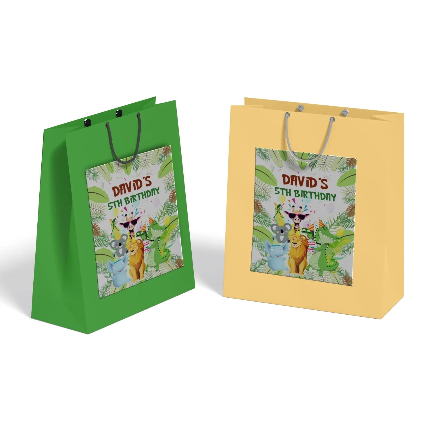 Zoo party goodie bag label with safari animal illustrations and personalized thank you text on white background