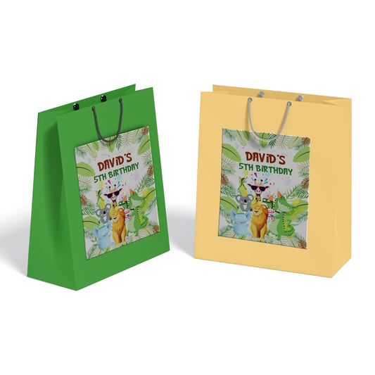 Zoo party goodie bag label with safari animal illustrations and personalized thank you text on white background