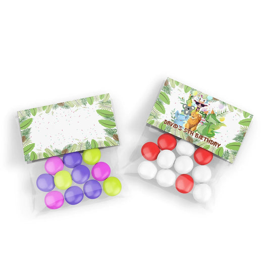 Zoo party treat bag topper label with colorful animal faces and custom text on white background