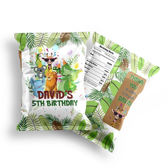 Zoo party chips bag label with a vibrant jungle landscape and custom birthday name on white background