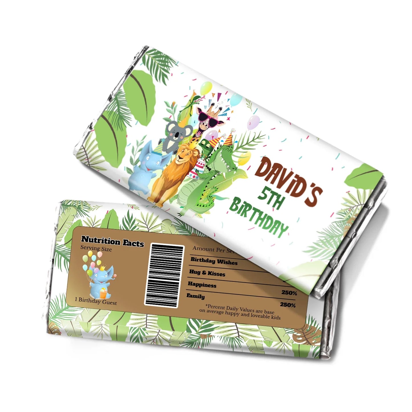 Zoo party chocolate label with zebra patterns and personalized birthday text for candy bars on white background