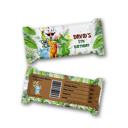 Zoo party Rice Krispies treats and candy bar labels with safari animal graphics and custom text on white background