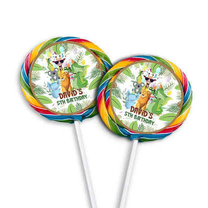 Zoo party lollipop label featuring a round lion illustration and personalized name on white background