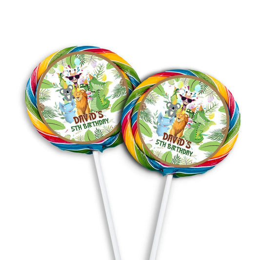 Zoo party lollipop label featuring a round lion illustration and personalized name on white background