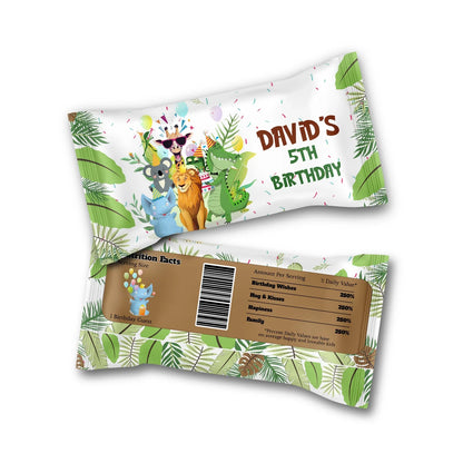 Zoo party skittles label with colorful jungle animals and custom birthday name on white background