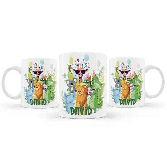 Zoo party sublimation mug featuring a wrap-around safari animal design and custom name on white background