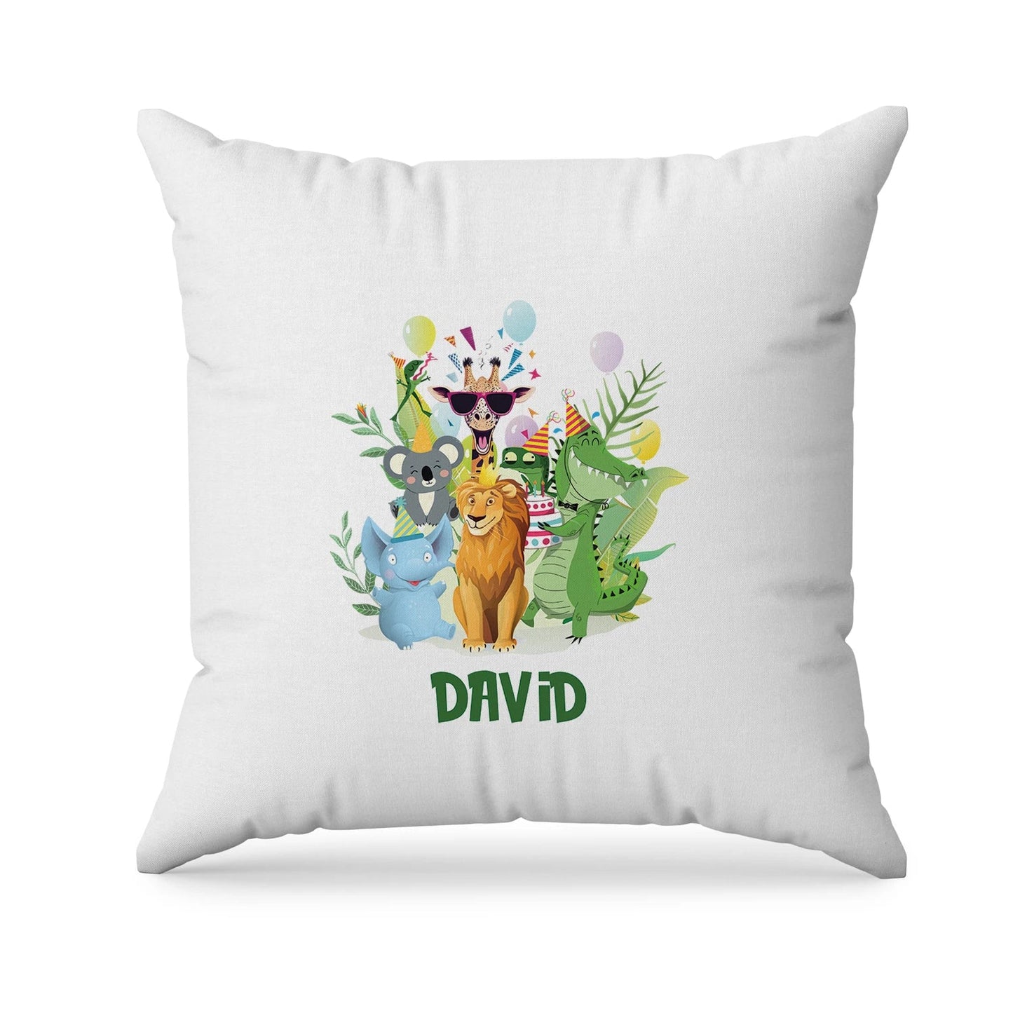 Zoo party sublimation pillowcase with safari animal patterns and personalized birthday text on white fabric