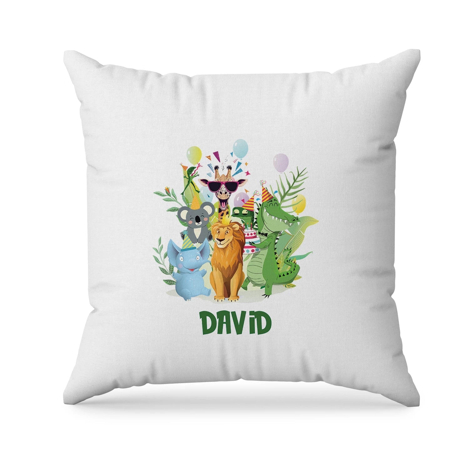 Zoo party sublimation pillowcase with safari animal patterns and personalized birthday text on white fabric