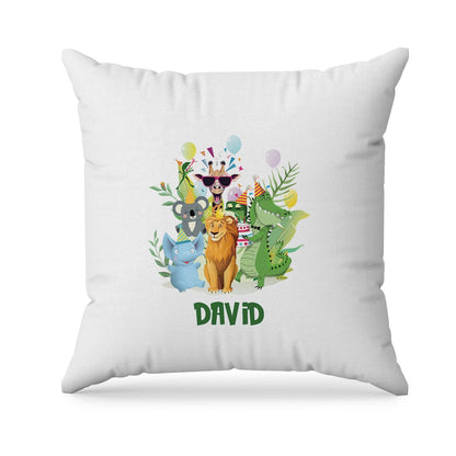 Zoo party sublimation pillowcase with safari animal patterns and personalized birthday text on white fabric