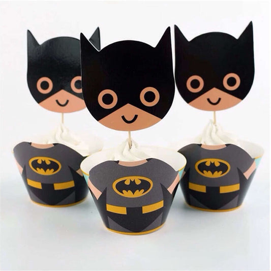Batman-themed cupcake wrappers and toppers featuring the iconic Batman logo and design