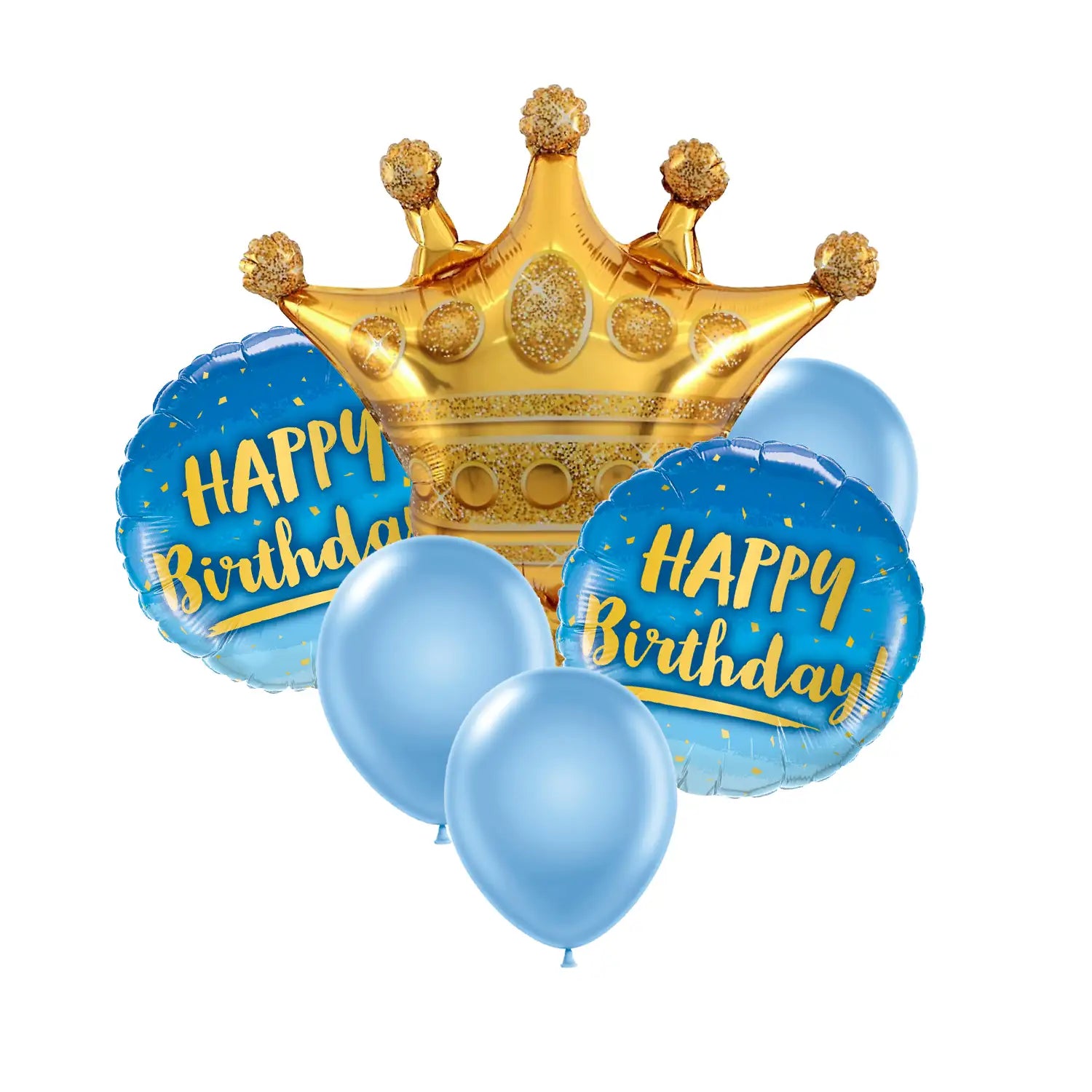 Blue and gold crown foil balloon set, 6pcs happy birthday balloon bouquet for boys, prince themed birthday party decorations, blue latex balloons 12 inch.