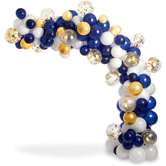 Blue, white, and gold confetti balloon garland kit for elegant party decorations
