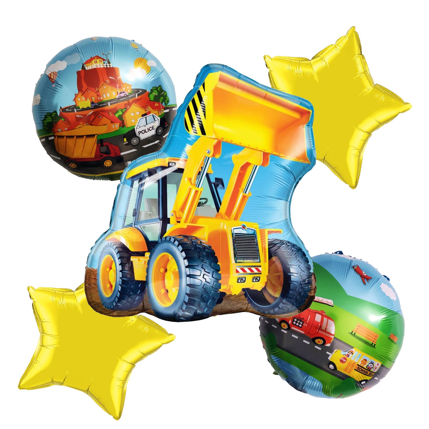 A 5-piece construction-themed foil balloon set featuring a large yellow excavator-shaped balloon, two round balloons with construction vehicle prints, and two solid yellow star-shaped balloons.