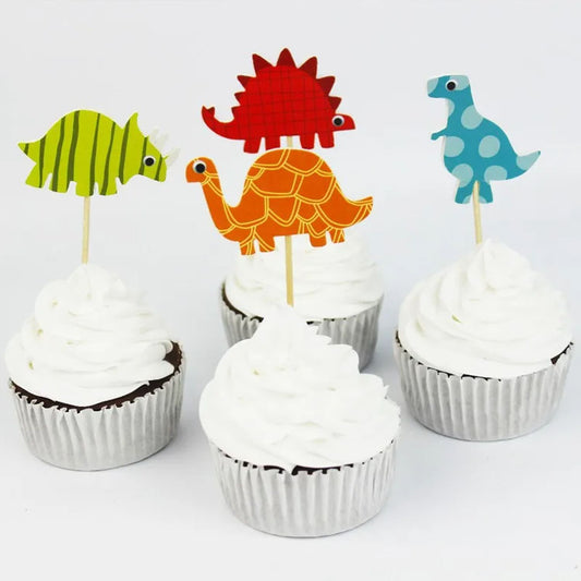 Dinosaur-themed cupcake topper featuring various colorful dinosaurs for party decorations