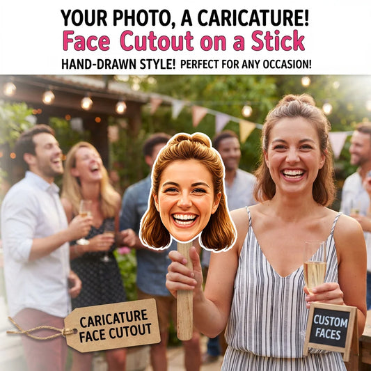 A woman holding a custom caricature face cutout on a skinny wooden stick at an outdoor party, showing the realistic size prop scale for bachelorette parties, milestone birthdays, weddings, graduations, retirement celebrations or any other events.