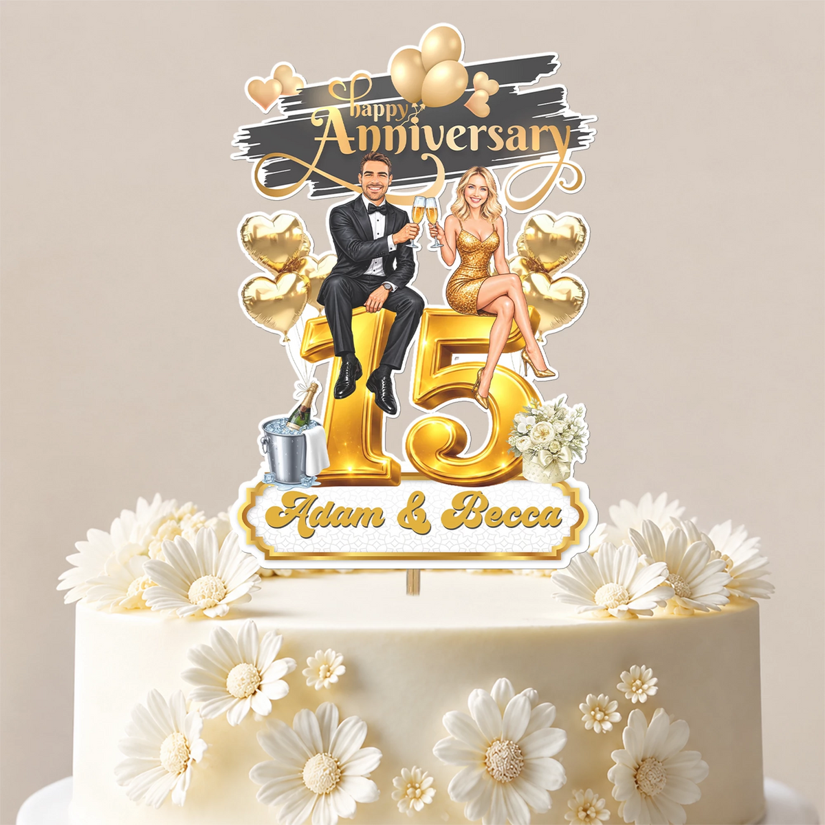 Custom Caricature Anniversary Cake Topper | Personalised Couple Faces & Year