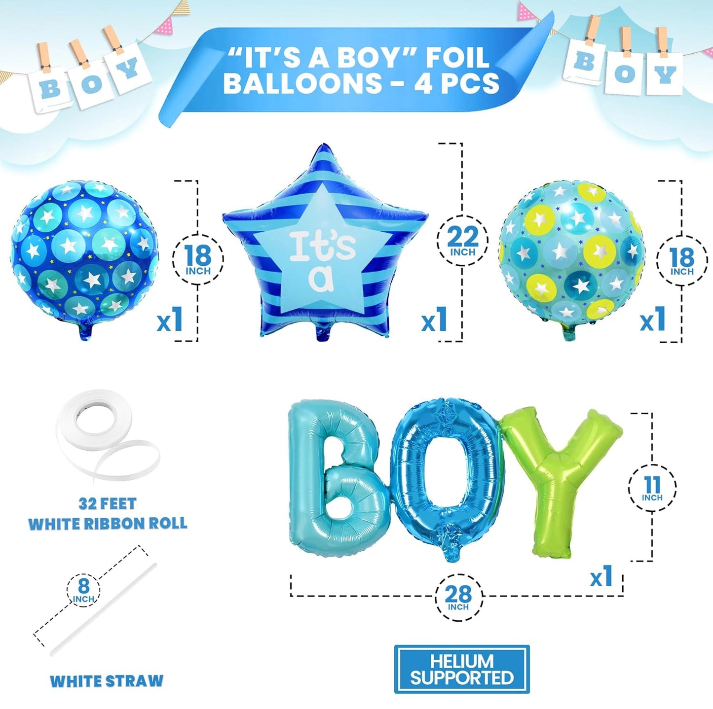 Baby Boy Balloons Set - Pack of 4 | Its A Boy Balloon, Boy Gender Reveal Decorations | Boy Letter Balloons, Its A Boy Balloons for Baby Shower Decorations | Boy Baby Shower Balloons for Boy