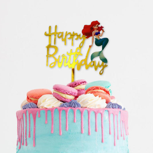 Gold acrylic cake topper featuring Mermaid Ariel from Disney, perfect for a magical mermaid-themed birthday celebration