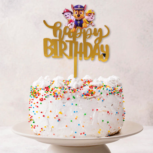 Gold acrylic cake topper featuring Paw Patrol characters for a Paw Patrol-themed birthday celebration