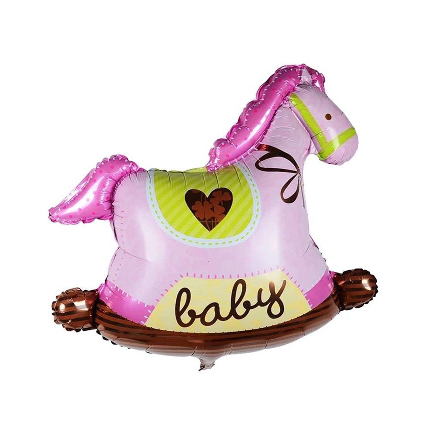 A pink foil balloon shaped like a rocking horse, with brown wooden-look feet, a yellow saddle panel with a heart, and the word 'baby' printed on the front.