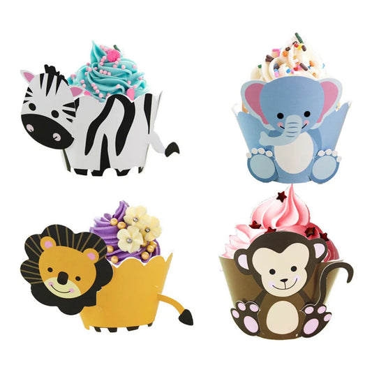 Set of safari animal-themed cupcake wrappers and toppers for jungle-themed party decorations