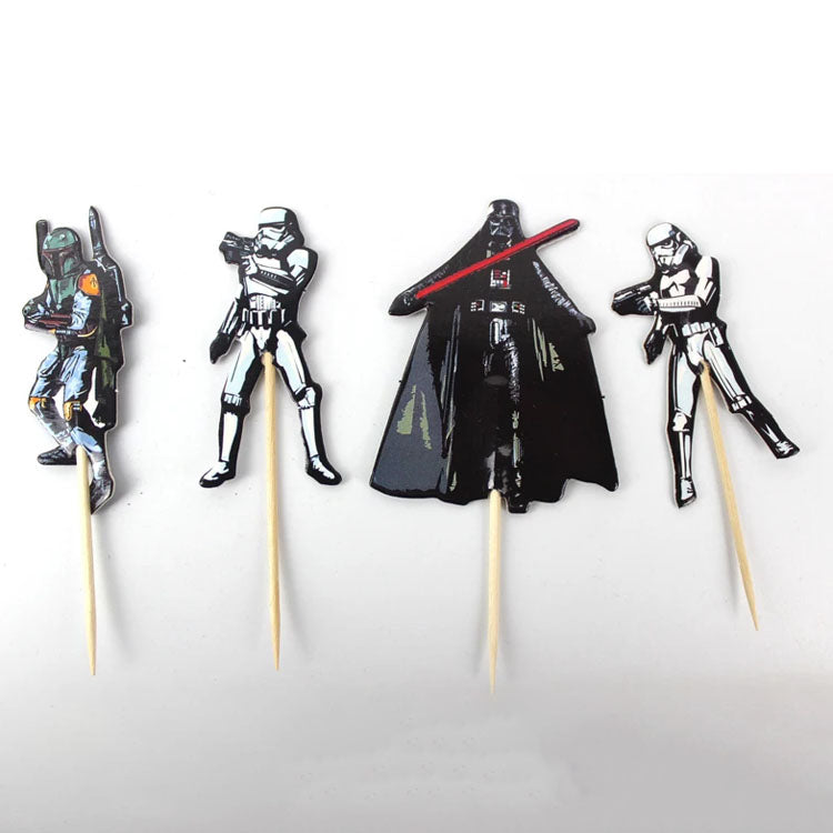 Star Wars-themed cupcake topper set featuring iconic characters and designs from the saga