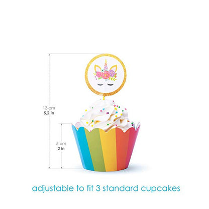 Unicorn-themed cupcake wrappers and toppers adorned with magical unicorn designs for whimsical celebrations