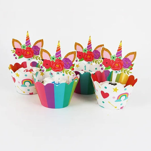 Unicorn-themed cupcake wrappers and toppers adorned with colorful unicorn designs