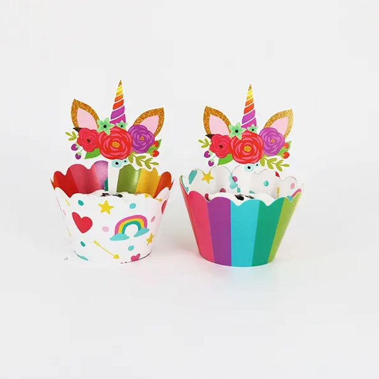 Unicorn-themed cupcake wrappers and toppers adorned with colorful unicorn designs
