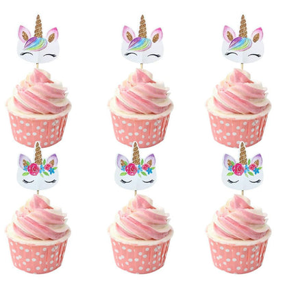 Unicorn cupcake topper with colorful mane and horn for whimsical party decorations