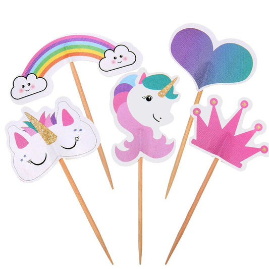 Unicorn cupcake topper with colorful mane and horn for whimsical party decorations