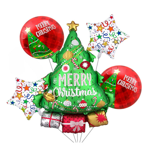 Large Christmas Balloons Set with Christmas Tree, Merry Christmas Round Foil Balloons, Foil Star Balloons for Xmas New Year Holiday Decorations