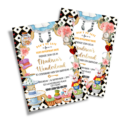 Personalized Birthday Card Invitations featuring Alice in Wonderland design