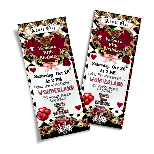 Personalized Birthday Ticket Invitations inspired by Alice in Wonderland