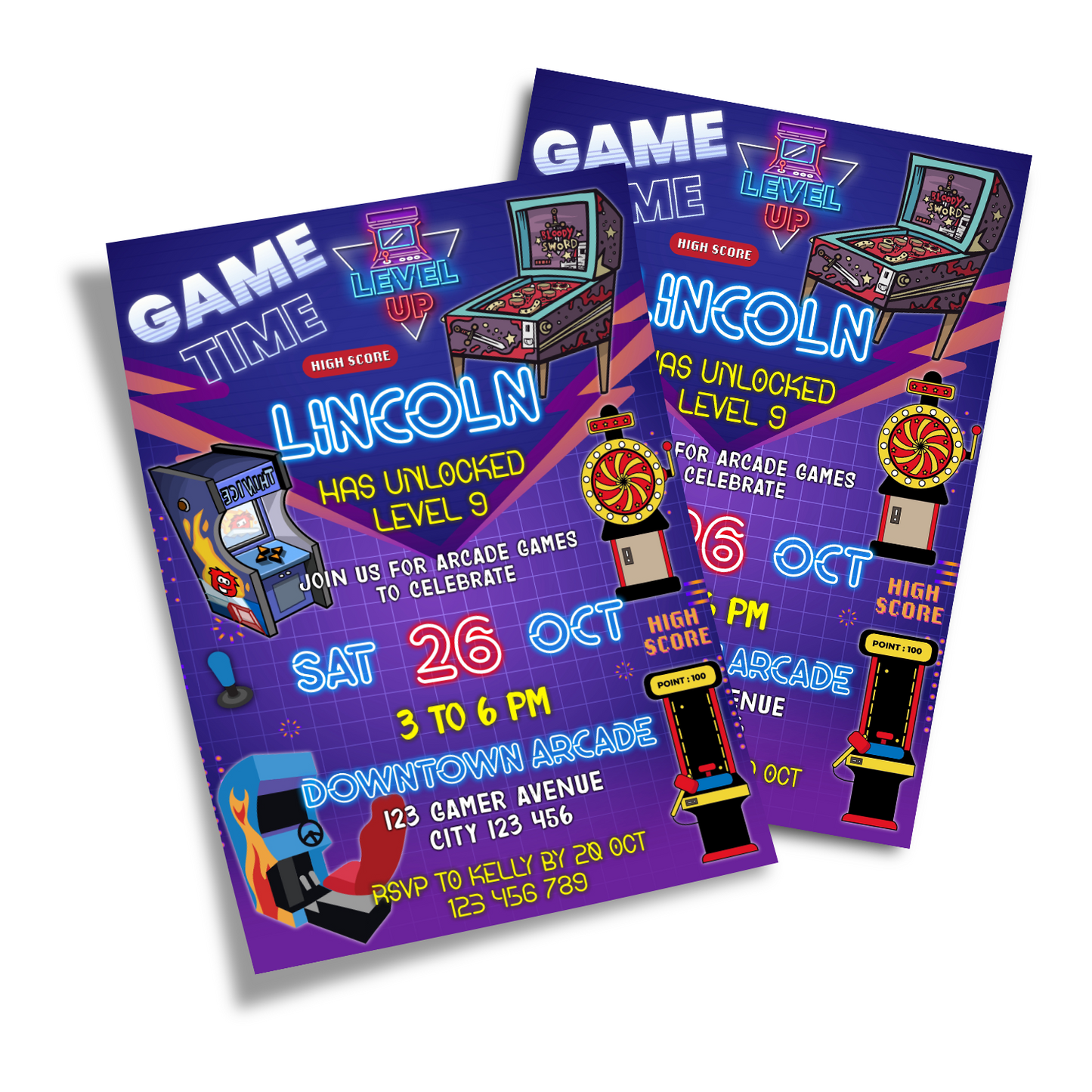 Personalized Birthday Card Invitations featuring Arcade Games design