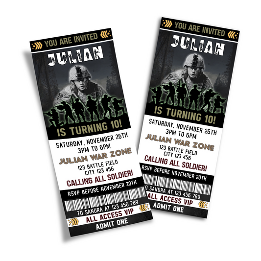 Army Personalized Birthday Ticket Invitations: A digital image of personalized army-themed birthday ticket invitations.
