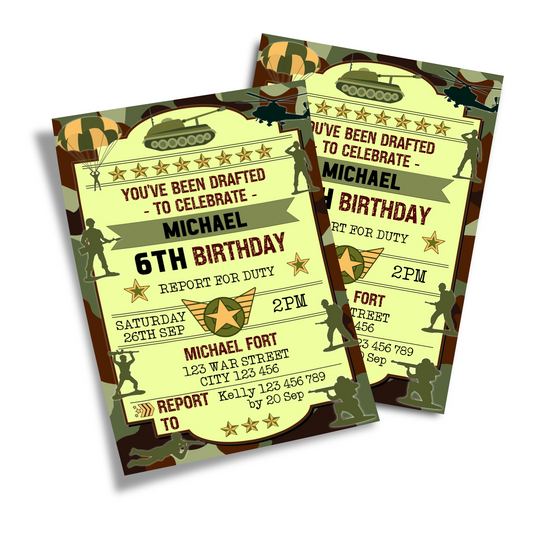 Army Personalized Birthday Card Invitations: A digital image of personalized army-themed birthday card invitations.