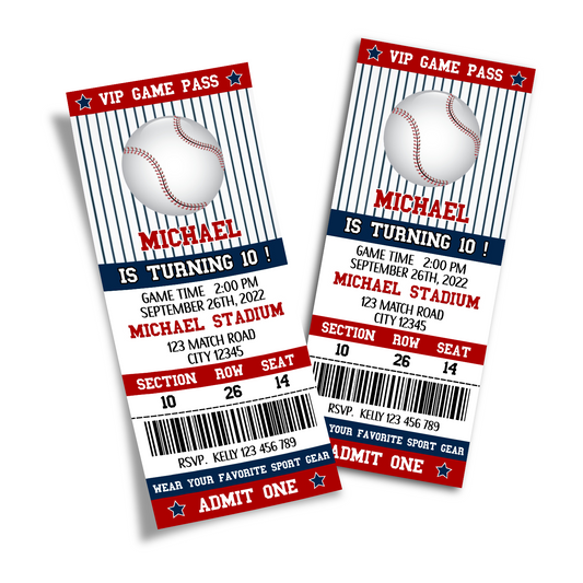 Personalized Baseball Birthday Ticket Invitations