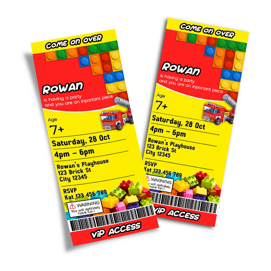 Personalized birthday ticket invitations with a Lego theme