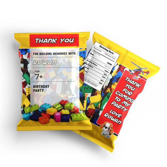 Chips bag label with a Lego theme