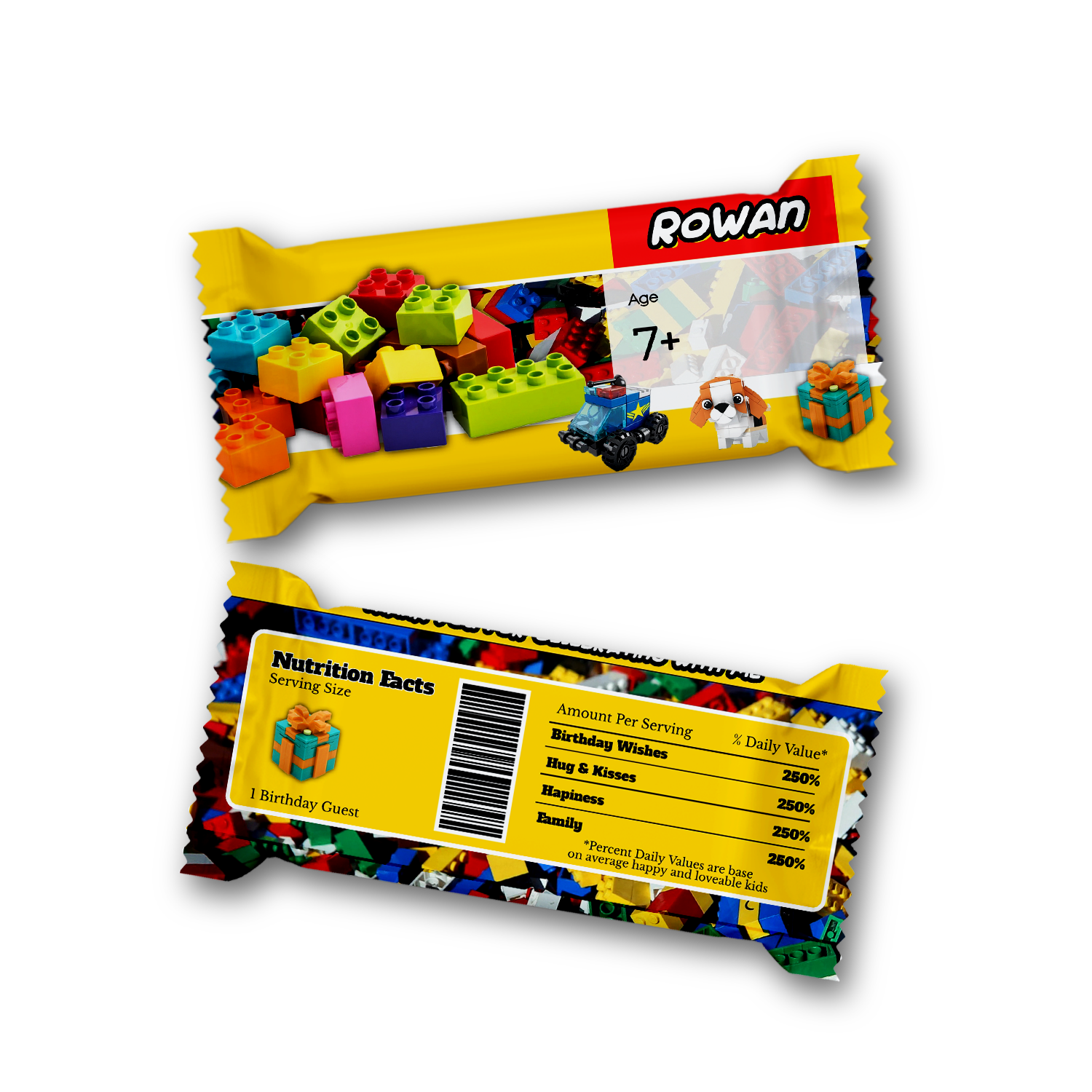 Rice Krispies treats label and candy bar label with a Lego theme