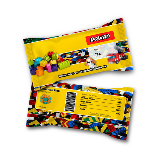 Skittles label with a Lego theme