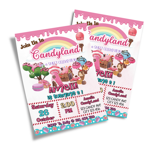 Personalized birthday card invitations with a Candy Land theme