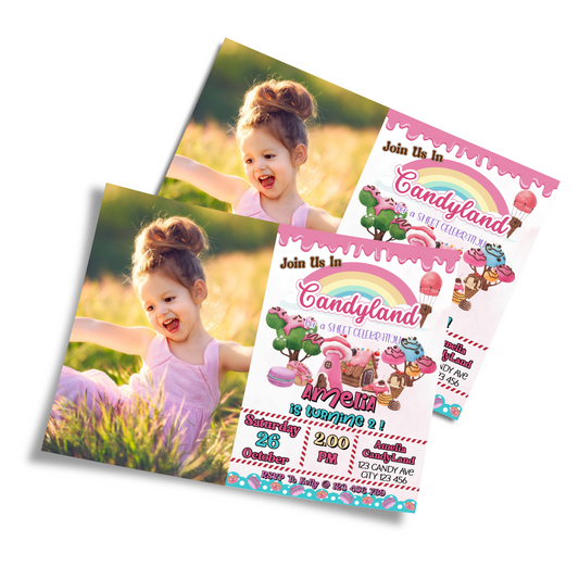 Personalized photo card invitations with a Candy Land theme