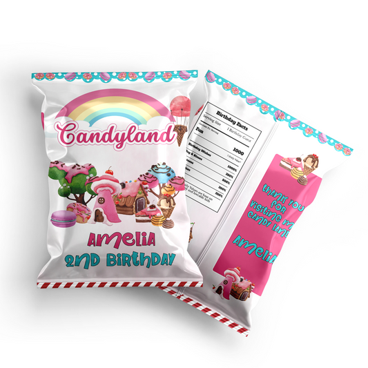 Chips bag label with a Candy Land theme