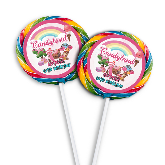 Lollipop label with a Candy Land theme